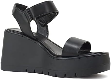 Soda HITTO ~ Women Open Square Toe Single Band Velcro Ankle Strap Lug Sole Wedge Sandal (Black PU, us_footwear_size_system, adult, women, numeric, medium, numeric_10) | Image 3