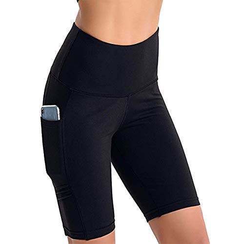 Leoyee Pantaloncini da allenamento da donna a vita alta da yoga pantaloncini fitness elasticizzati pantaloni sportivi di controllo pancia 2 tasche (Nero, XX-Large)