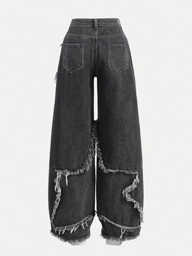 Y2K Baggy Jeans for Women Girls Star Patchwork Wide Leg Raw Hem Denim Pants Hip Hop Streetwear Preppy Clothes2