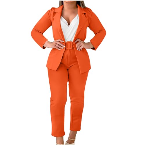 Women's Dressy Suit 2 Piece Business Outfits Long Sleeve Lapel Single Button Blazer and Pencil Pant with Belt Sets