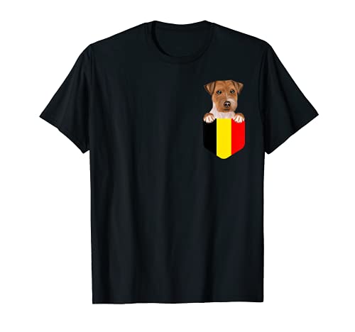 Belgium Flag Russell Terrier Dog In Pocket T-Shirt, Black