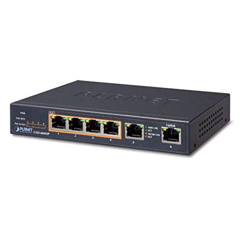 Planet 4-Port 10/100/1000T 802.3at POE + 2-Port 10/100/1000T, GSD-604HP (POE + 2-Port 10/100/1000T Desktop Switch (55W POE Budget, External Power Supply))