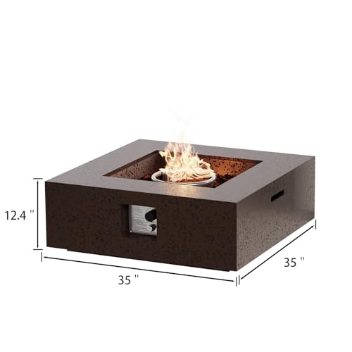 Outdoor Fire Pit, 35 inches Square Propane Gas Patio Fire Table 50,000 BTU Concrete Travertine Design, Low Firepit Table with Lava Rocks, Waterproof Cover (Dark Brown)