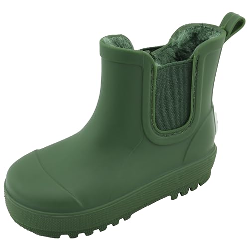 BEARPAW Toddler and Kids Rain Boots with Faux-Fur Lining Waterproof Rubber Chelsea Boot for Boys & Girls Hunter Green Size 3