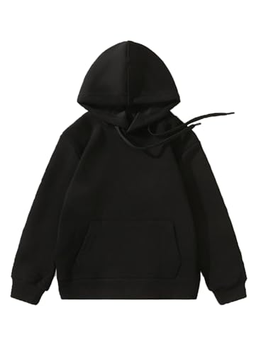 Loyan Boys Girls Hooded Sweatshirts Tops Casual Pullover Hoodies with Pocket Athletic Shirt Solid Color Outerwear Black 13-14 Years2