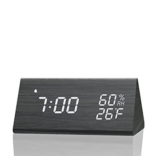 Digital Alarm Clock, with Wooden Electronic LED Time Display, 3 Alarm Settings, Humidity & Temperature Detect, Wood Made Electric Clocks for Bedroom, Bedside? (Yellow) (Black)
