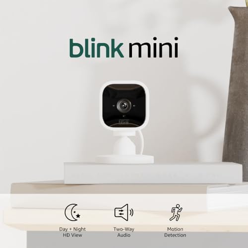 Blink Mini - Compact indoor plug-in smart security camera, 1080p HD video, night vision, motion detection, two-way audio, easy set up, Works with Alexa β 1 camera (White) - 1