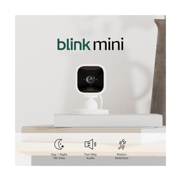 Blink Mini – Compact indoor plug-in smart security camera, 1080p HD video, night vision, motion detection, two-way audio, easy set up, Works with Alexa – 1 camera (White)