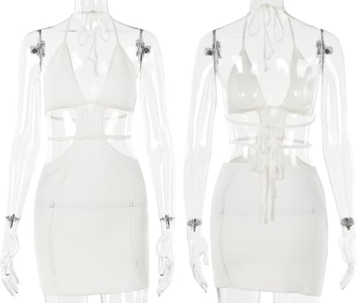 Women's Sexy Halter Hollow Out Knitted Mini Dress Sleeveless Backless Lace Up Bodycon Summer Beach Dress White - Image 6