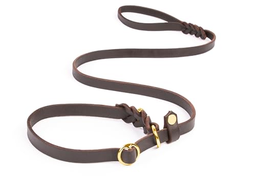 CopcoPet Retrieverleine mit Zugstopp für große Hunde – 1,20m x 18mm Moxonleine in Braun – Fettlederleine & Agilityleine aus Leder – stufenlos verstellbar, Handarbeit, Messing, wetterfest