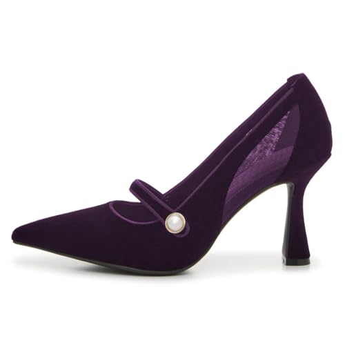 FOWT Women Pearl Pointed Toe Pumps Kitten Mid Heel Mary Janes Sexy Mesh Office Formal Shoes Size 4-16 US4