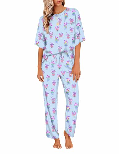 Image of Ekouaer Womens Satin Silky Pajama Set Short Sleeve Shirt with Long Pajama Pant Set Soft PJ Loungewear
