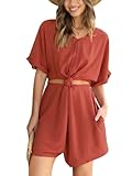DEEP SELF Womens Summer V Neck Knot Romper Short Sleeve Rompers Overalls with Pockets Casual Wide Le