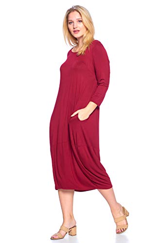 Plus Size Solid 3/4 Sleeve Bubble Hem Pocket Midi Dress - Made in USA3