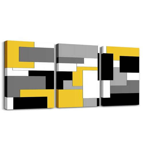 Arte geométrico amarillo para pared, 40 x 30 cm, 3 piezas, decoración abstracta moderna para dormitorio, blanco, gris y negro