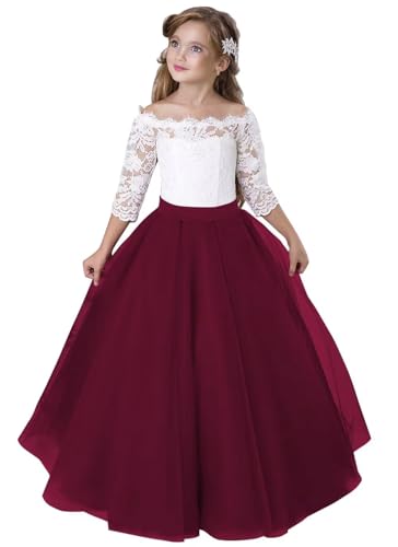 Girls Lace Tulle Princess Pageant Dress Long Sleeve Kids Flower Girl Dress for Wedding