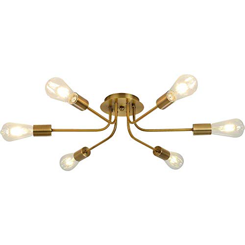 Sputnik Chandelier Flush Mount Ceiling Light Brushed Brass Finish Mid Century Modern Pendant Lighting 6 Lights for Foyer Dining Room Bedroom Restaurant