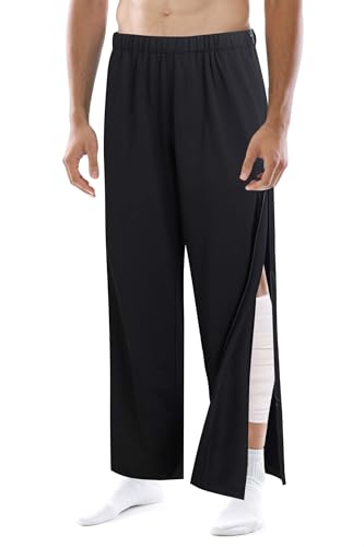 Men's Tear Away Basketball Pants, Post Surgery Sweatpants, High Split Snap Button Zip Off Wide Leg Trouser with Pockets