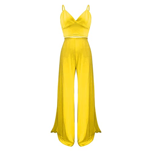 Conjunto casual de dos piezas con tirantes de color sólido para mujer, cintura alta, bolsillo, pantalones de pierna ancha, vestido midi casual, trajes deportivos para exteriores, amarillo, XXL