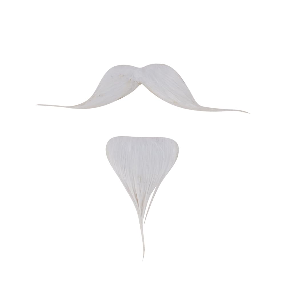 JIHUOO 2 Pcs Self Adhesive Fake Mustaches Halloween Costume False Facial Hair Novelty Stick On Beard Goatee Theatrical Mustaches Pirate Costume Mustache Party Beard Accessories White