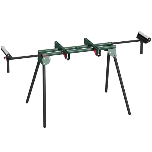 HOMCOM Universal Mitre Saw Stand with Adjustable Rollers and Support Arms Portable Miter Saw Stand with Folding Legs Heavy-Duty Height-Adjustable Pull-Out Work Piece Supports Max Load 150kg Green