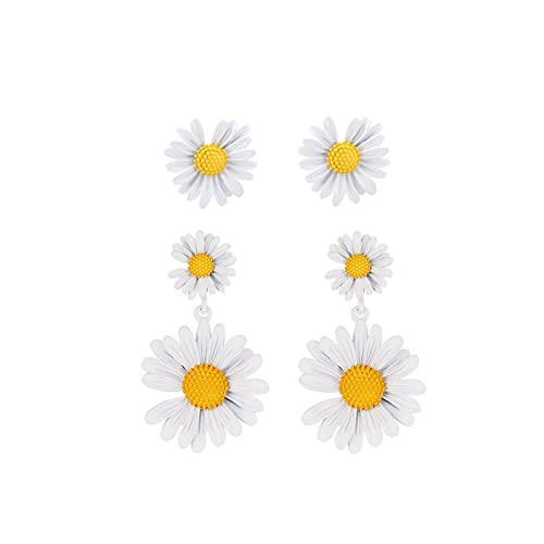 2Pairs Daisy Earrings Flower Earrings for Women Y2k Acrylic Yellow White Double Flower Earrings,Vintage Daisy Flower Dangle Earrings Wild Lily Petals Hawaii Floral Earrings 60s 70s Earrings Summer Earrings