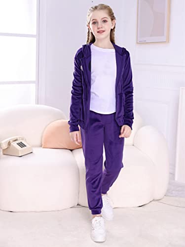 V.&Grin Girls Tracksuit 2 Piece Outfit Velour Zip Up Hooded Sweatshirt And Athletic Sweatpants Clothes Kids Jogger Set #TOP1