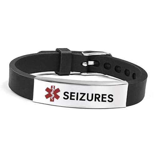 Image of RENYILIN Nine-color eco-friendly silicone bracelet Stainless steel Medical ID Bracelet Adjustable medical alert ID Emergency first aid jewelry (SEIZURES, Black), Uniform size