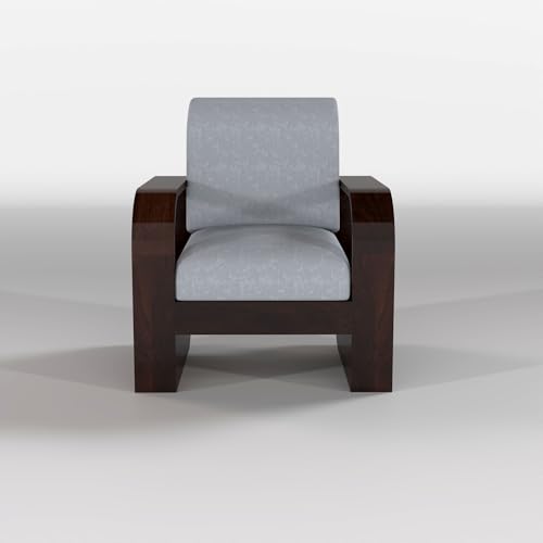 Image of Solid Sheesham Wooden 1 Seater Sofa Set with Grey Cushion for Living Room Furniture - Walnut Finish