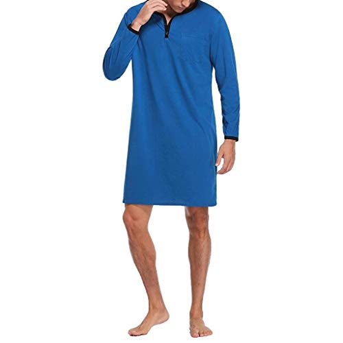 Men's V-Neck Nightshirt Nightwear with Pocket, Long Sleeve Light Weight Cotton Poly Loose Sleep Shirt (Color : Blue, Size : X-Large)