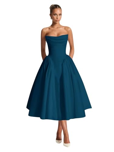 Cudiew Satin Prom Dresses Strapless Corset A Line Formal Cocktail Dress for Women Tea Length