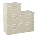 ENUMAIL Storage Boxes, Cube Cloth Baskets with Flip-Top Lid and Handles, Fabric Bins for Organizing Home, Office and Closet, Grey and Beige, 5 Pack, 33x23x20cm