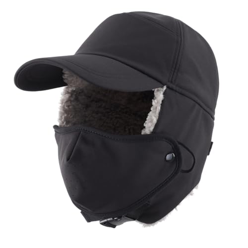 Magracy Mens Winter Trapper Hat with Face Mask Water-Resistant Reflective Baseball Cap with Earflaps Sherpa Lined Aviator Cap Black