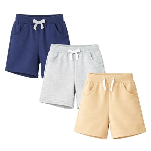 Image of HILEELANG Boys Sweat Shorts 3 Pack, French Terry Cotton Pull On Shorts with Pockets for Toddler Little Boys 2-7Y