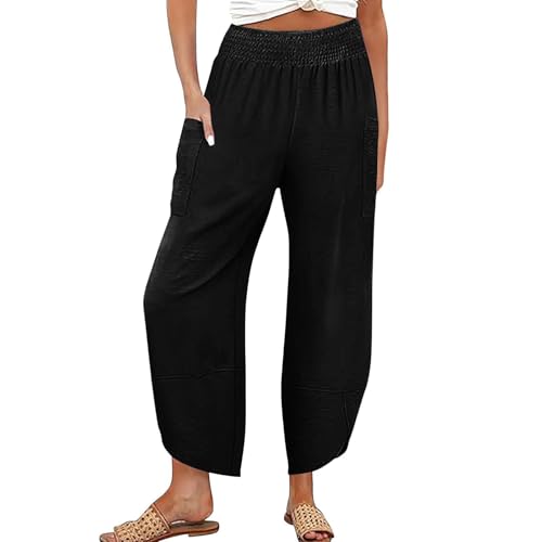 fanmpghleoo Harem Pants Women Cropped Wide Leg Linen Pants Summer Smocked Elastic Waist Yoga Pull On Capris with Pockets