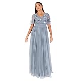 Maya Deluxe Women's Maxi Dress Ladies V-Neck Angel Sleeve Floral Embellished Tulle Shirred Waistline A-line Wedding Guest Bridesmaid, Dusty Blue, 20