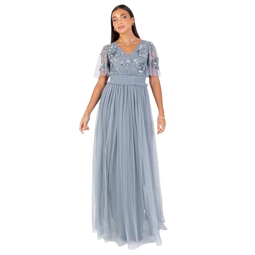 Robe longue femme col en V avec taille smaquée ajustée et tulle brodé floral