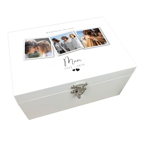 Personalised White Wooden Memorial Photo Keepsake Memory Box | Customizable Bereavement Gift Remembrance Memorial | Metal Hinges and Clasp | Custom Name Date | 22 x 15 x 10cm