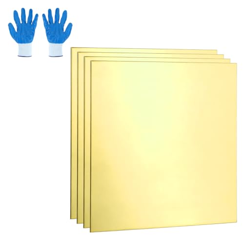 MECCANIXITY Brass Sheet, 2" X 2" 24 Gauge(0.5mm) Thickness H62 Brass Metal Plates Thin Metal Sheets with Gloves for Craft DIY Model Jewelry Electrical Repair Industrial, Pack of 4, Gold