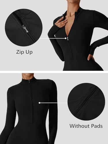 Ecupper Jumpsuits Damen Yoga Bodycon Einteiler Zip Up Overall Rompers Langärmelig Workout Outfit Schwarz S