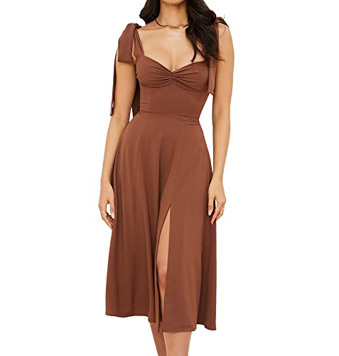 Women's Summer Tie Straps Split Midi Dress Wrap Sleeveless Tie Shoulder Backless High Slit Midi A-Line Beach Dresses X-Large Dark Brown #TOP19