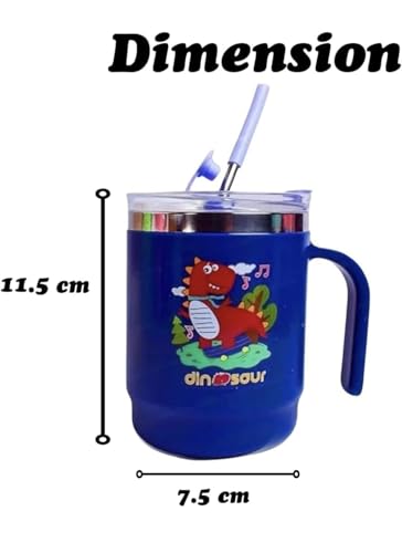 Image of Insulated Mug with Lid and Straw, Stainless Steel,12.5 x 11.5 cm, with Handle (Dino)