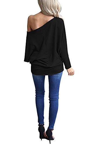 LACOZY Womens Off Shoulder Casual Oversized Long Sleeve Knit Pullover Sweater Tunic Tops Black Medium