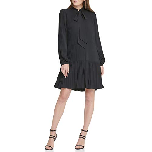 DKNY Women's Long Sleeve Tie Neck Pleated Dress