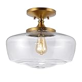 JONATHAN Y 14' Brass Gold Modern Farmhouse LED Flush Mount Light Fixture, Clear Glass Shade, Rustic Industrial Schoolhouse Lamp for Kitchen Hallway Bedroom (JYL7517B)
