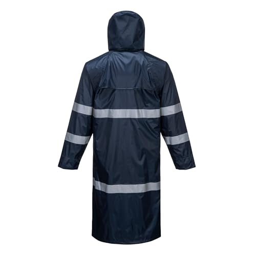 Portwest F438 Men's Waterproof Raincoat - Reflective Long Rain Jacket with Hood and Pockets Navy2