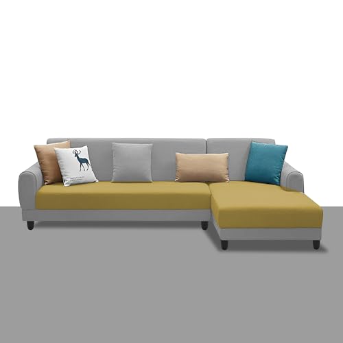 Image of Kraven RHS 6 Seater L Shape Sofa Set for Living Room (Yellow Grey Fabric) Premium Fabric Sofa