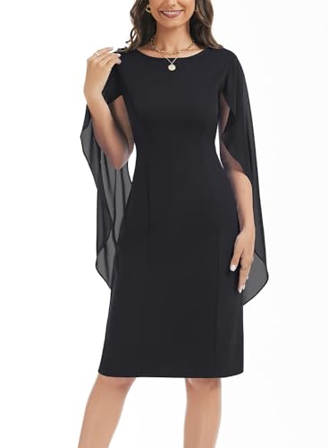 Image of HELYO Women's Chiffon Cloak Sleeve Mini Cape Dress V-Back Semi-Formal Elegant Bodycon Wedding Guest Evening Cocktail Dresses