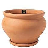 Ceracor Ceramicas Maceta Exterior de Cerámica Hecha a Mano | Color Terracota Coco | con Plato Incluido | Resistente a Climas | Diseño Artesanal Decorativo | Uso Interior y Exterior