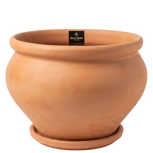 Ceracor Ceramicas Maceta Exterior de Cerámica Hecha a Mano | Color Terracota Coco | con Plato Incluido | Resistente a Climas | Diseño Artesanal Decorativo | Uso Interior y Exterior